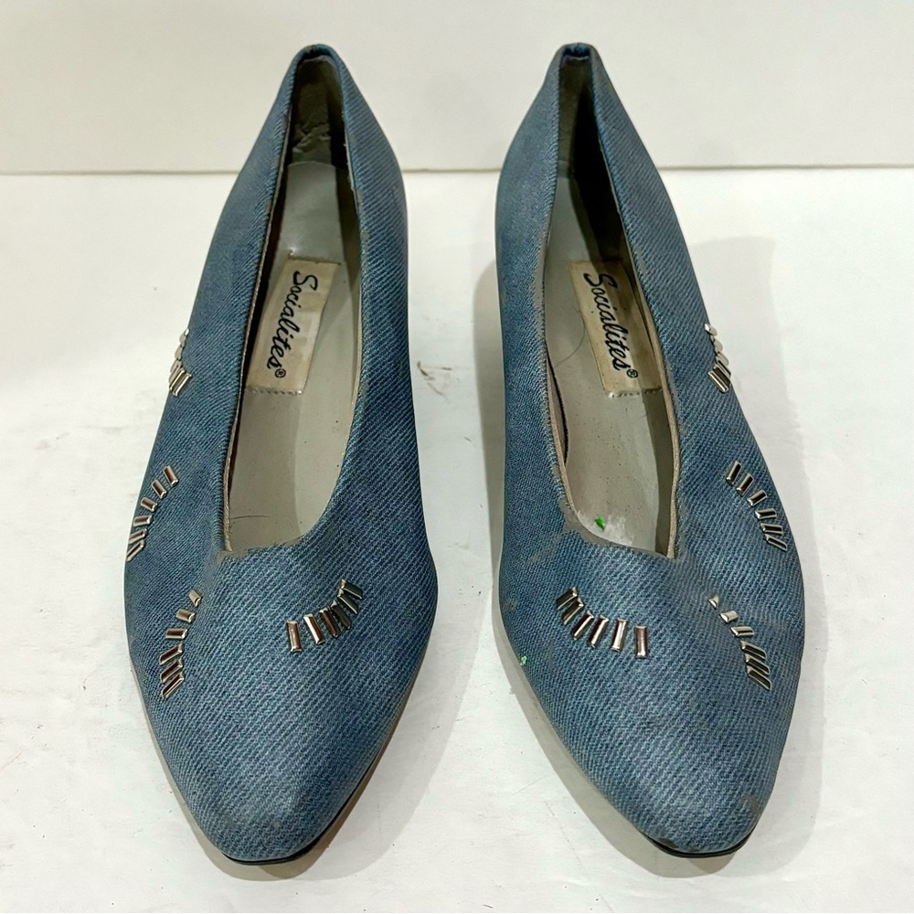 SOCIALITES Women’s Vintage Blue Denim & Silver Rhinestone Heels Shoes - size 7.5
